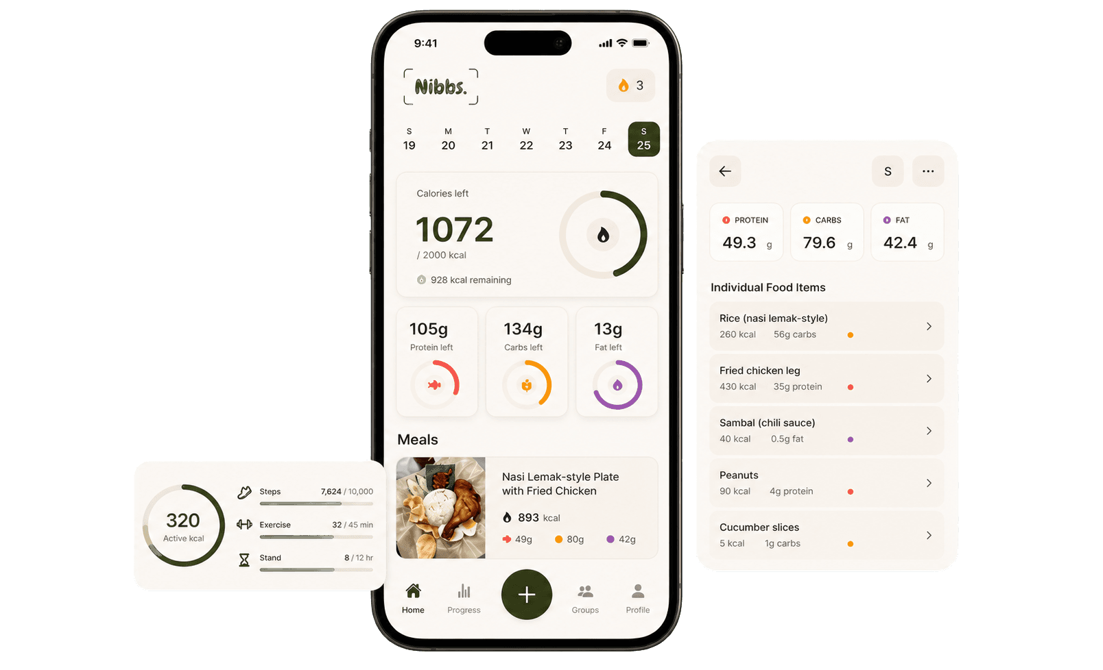 Nibbs app nutrition dashboard on a phone with food and activity panels
