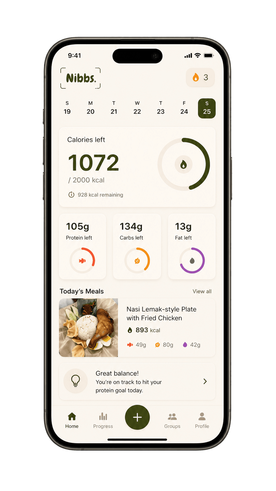 Nibbs app nutrition dashboard on a phone