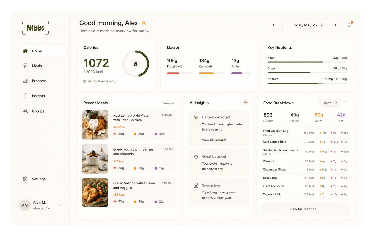 Nibbs desktop nutrition dashboard with calories, macros, meals, insights, and food breakdown