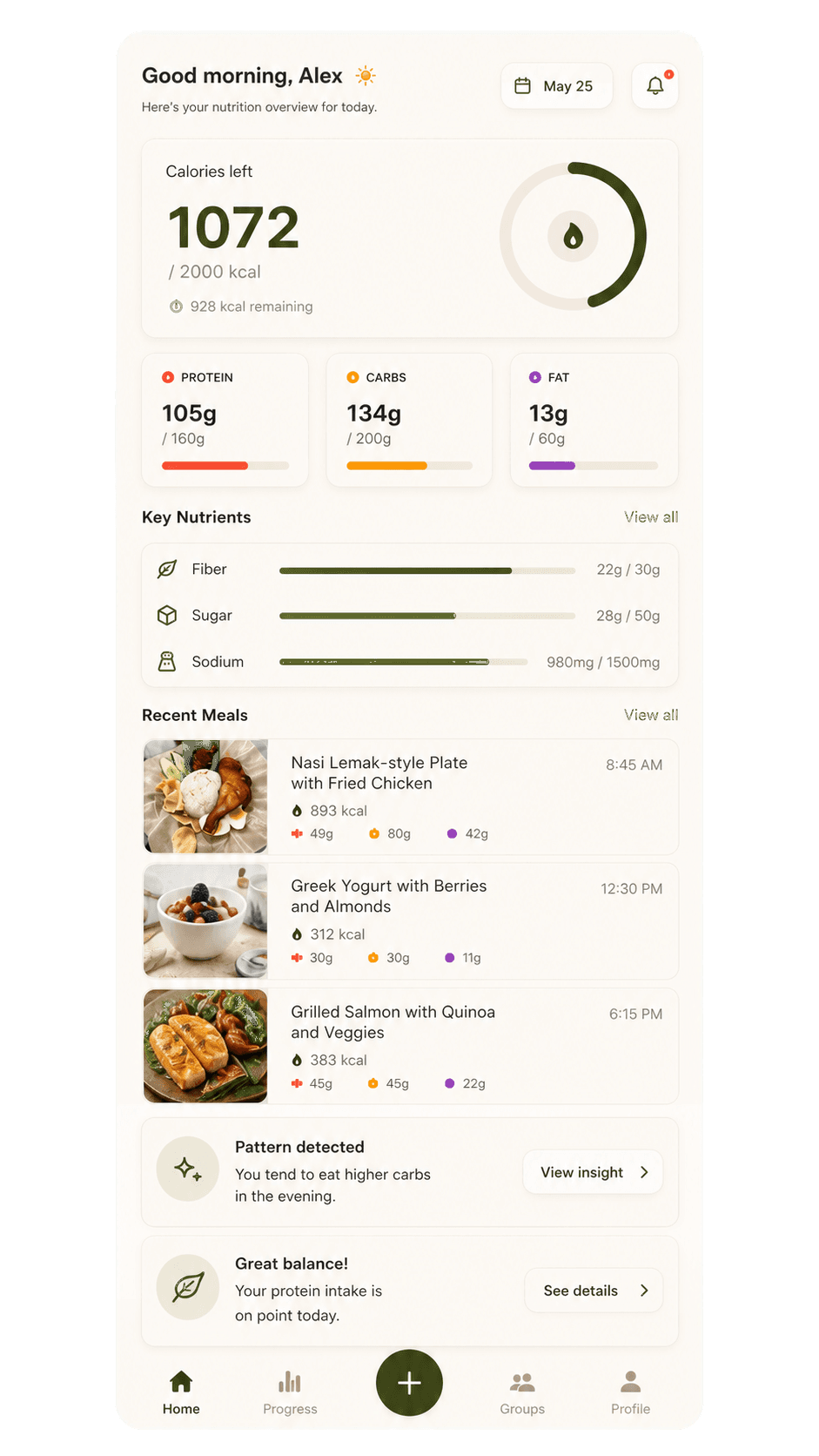 Nibbs mobile nutrition dashboard with calories, macros, nutrients, meals, and insights