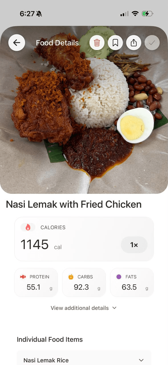 Nibbs app showing calories and macros for a logged meal