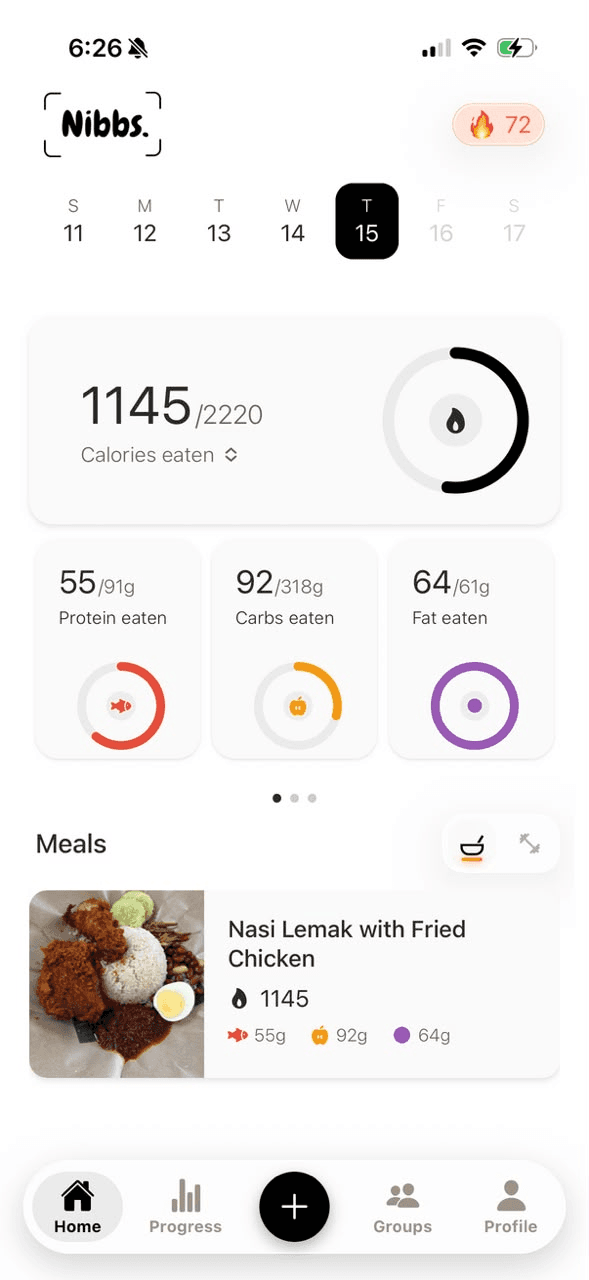 Nibbs nutrition dashboard with calories, macros, meals and insights